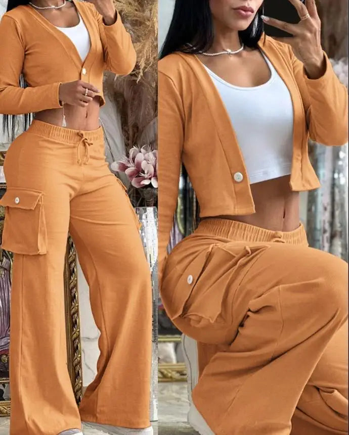 Spring Autumn New Women's Fashion Solid Color Printed Sexy Short Top With Waist Exposed Casual Lace Up Waist Drawback Pants Set