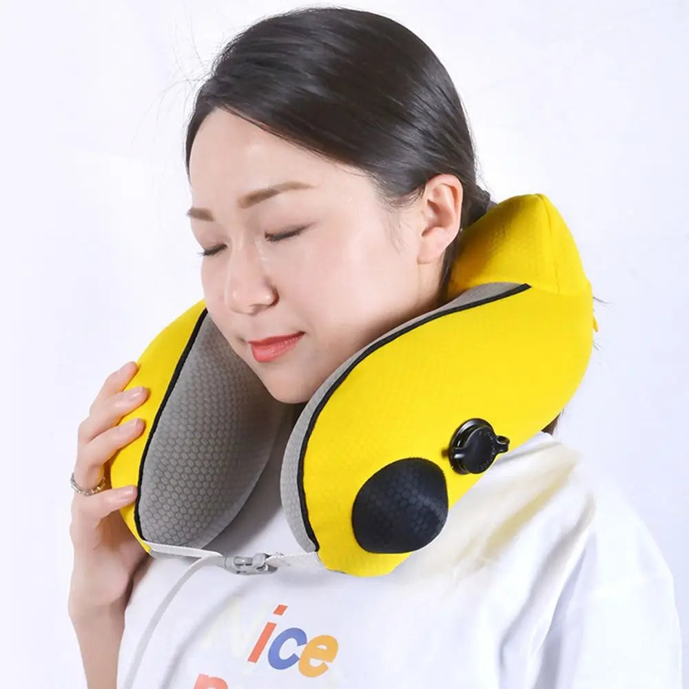 New U-shaped Travel Neck Pillow Elastic Fabric Foldable Inflatable Pillow Press Type Neck Support Cushion Airplane Pillow.
