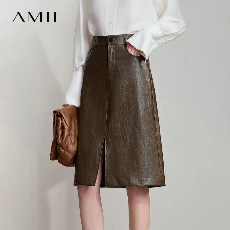 AMII Minimalist PU Leather Skirt For Women 2025 American Retro Knee-Length Skirt Solid Basics Business Women's Clothing 12553014.