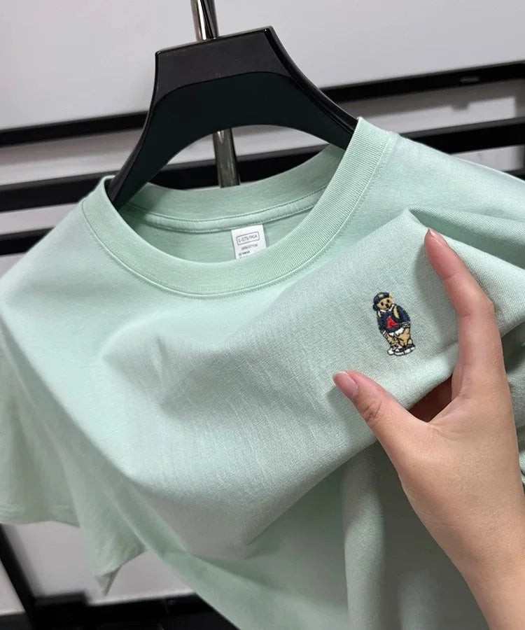 Light luxury 100% cotton men's T-shirt short sleeve round neck skin friendly comfort fashion brand cartoon bear embroidered top.