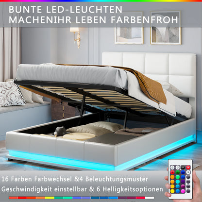 Comanlai Polsterbett 140 x 200 cm mit LED-Leuchten, hydraulisches Bett mit Stauraum, Doppelbett mit Lattenrost, Kunstleder, weiß