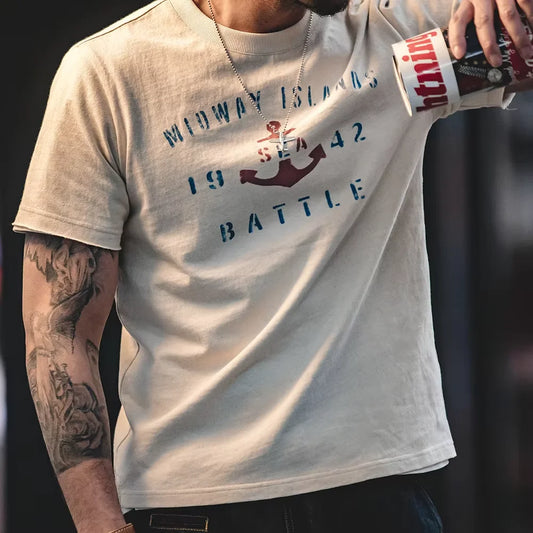 Maden Vintage Letter Print Cotton Short Sleeve T-Shirt Men's Summer Loose Fit Ribbed Crew Neck Tee Casual Street Tops for Daily.