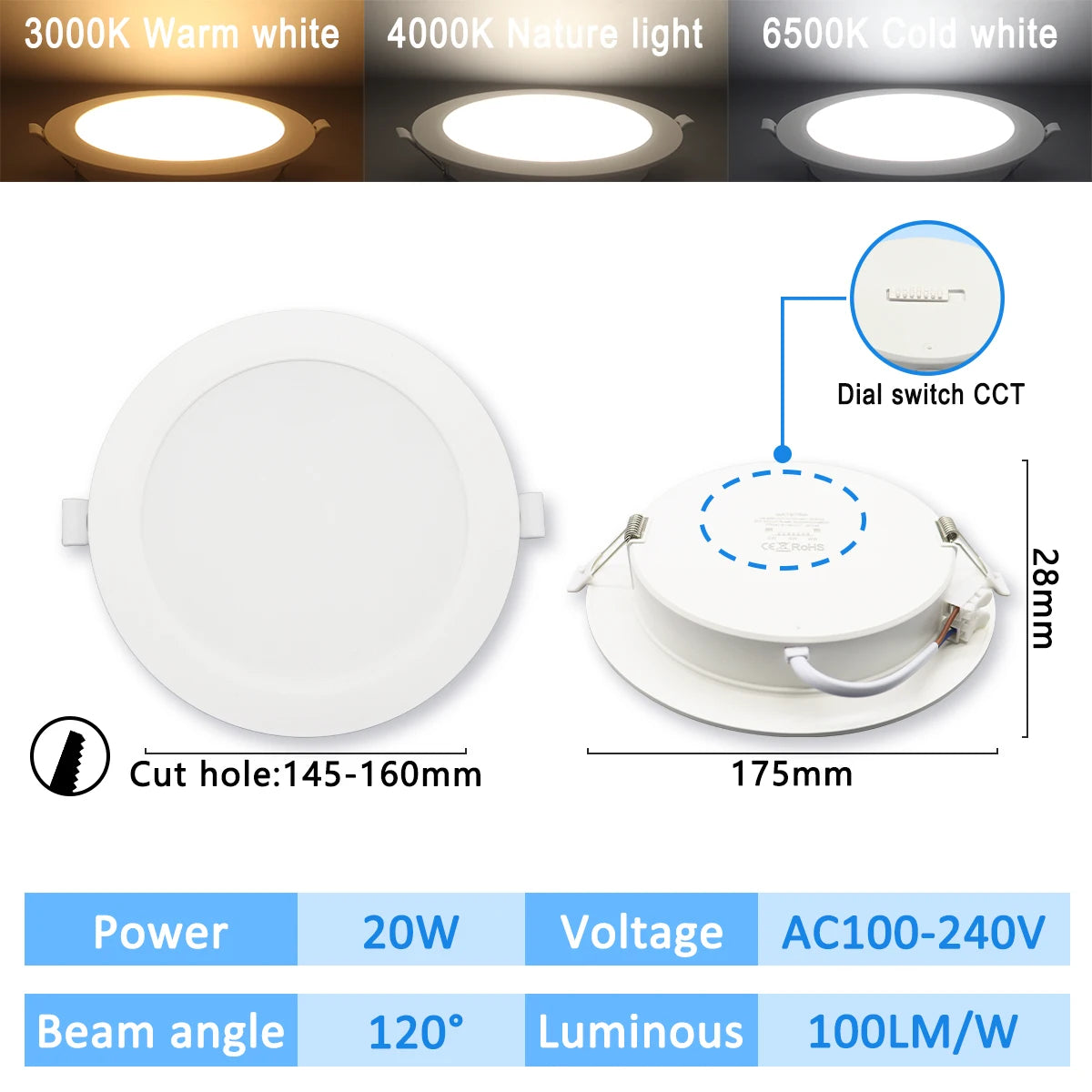 10 stücke CCT Spot Downlight Einbau LED Decke Licht 3 Farbe Eingestellt AC100-240V Zifferblatt Schalter 3000 K/4000 K/6500 K Innen Beleuchtung