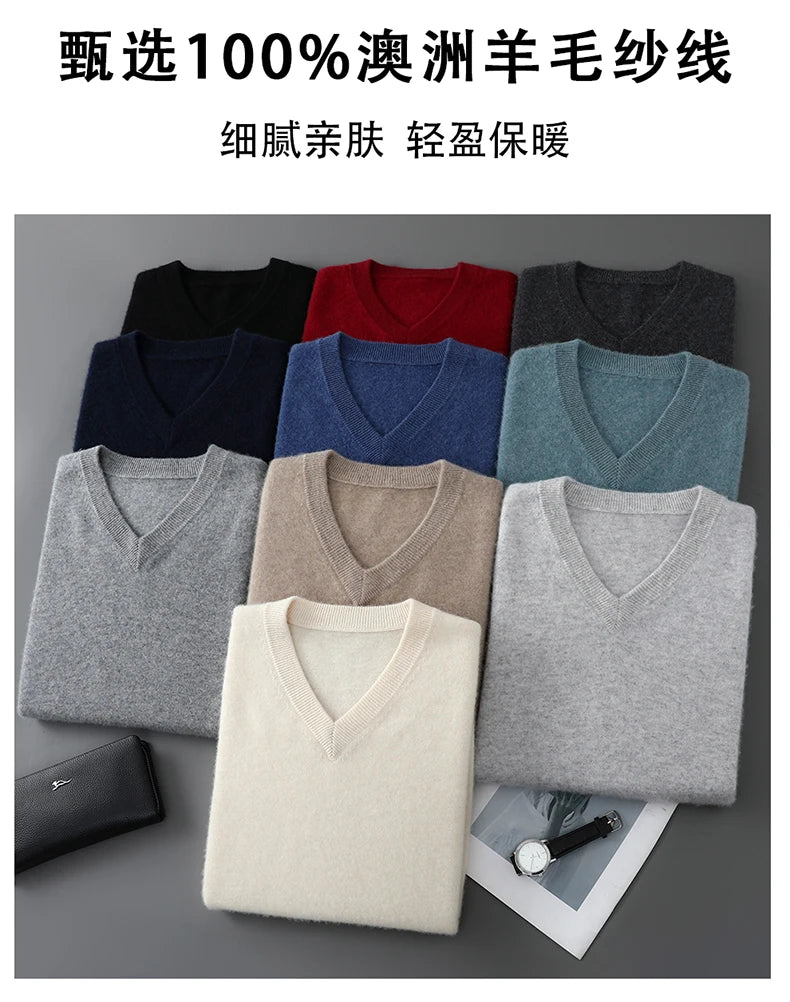 2025 Autumn Winter New Men's Wool Sweater Solid Color V-Neck Pullover Sweater Casual Loose Business Knit Plus Size Base Sweaters.