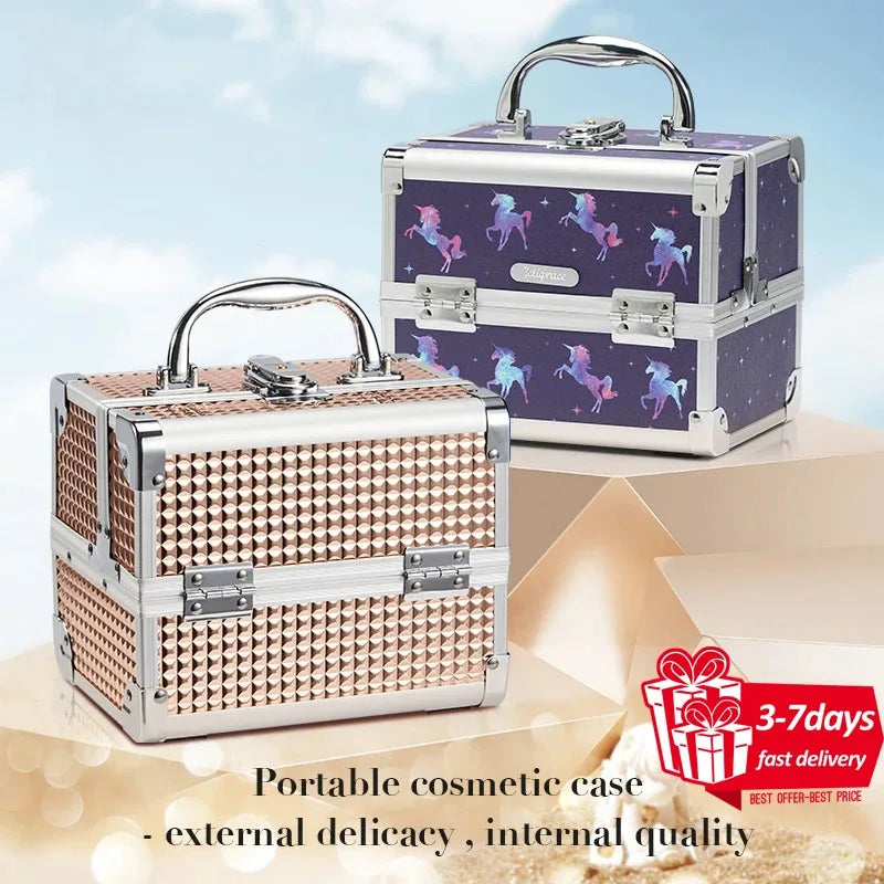 Makeup Case Portable Lock Alloy Unicorn Cosmetic Jewelry Nail Hair Accessories Storage Box with Mirror 2 Trays Make-up Suitcase.