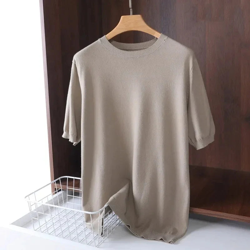 2025 Superfine Merino Wool T Shirt Men's Knitted O-neck Breathable Thin Cashmer Short Sleeve Tee Solid Color Tops
