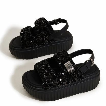 AUTUSPIN 6cm Women Flat Sandals Fashion Platform Ladies Shoes Bling Bling Sequined Cloth Female High Heels Chunky Rome Sandalias.