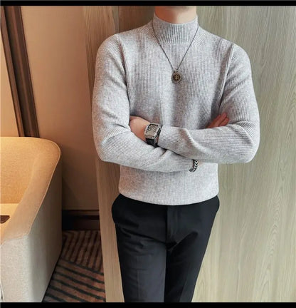 Half Turtleneck Sweater Men with Striped Wool in Autumn Winter Thickened Slightly Loose Base Knitted.
