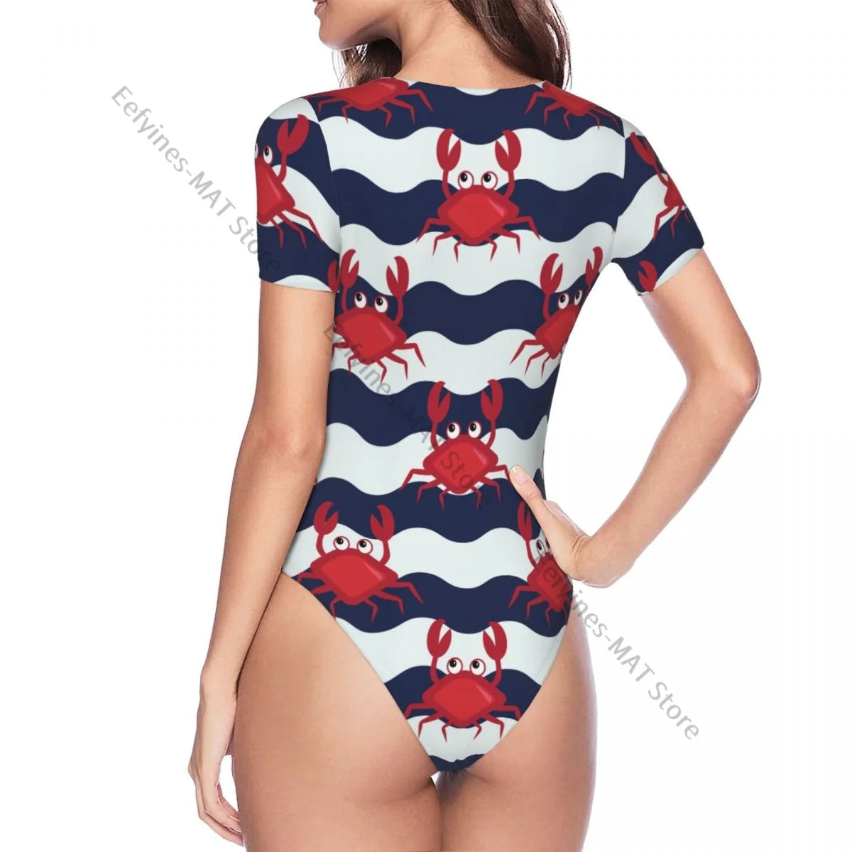 Frau schlanke Boden Overall nautische Krabben niedlichen Krabben und gestreiften Hintergrund weibliche kurze Overall Bodysiut sexy Kleidung.