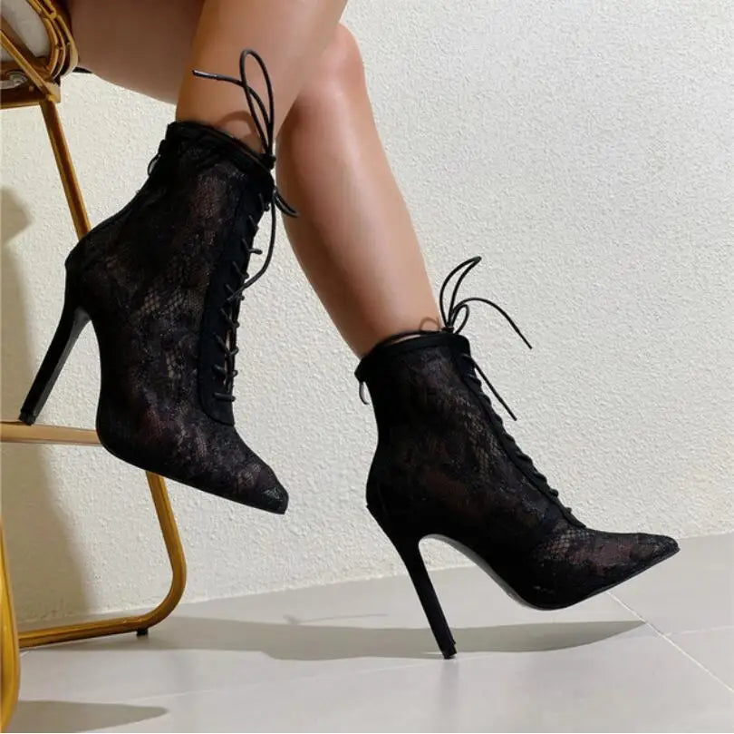2025 New Black Mature Mesh Women Boots High Heel Pumps Floral Lace-Up Thin High Heels Ankle Pointed Toed Party Wedding Shoes.