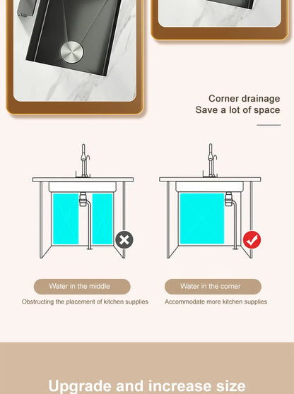 Black Stainless Steel Kitchen Sink Waterfall Sink dishwashing Basin Large Single Sink Household Sink Under The Counter Sink