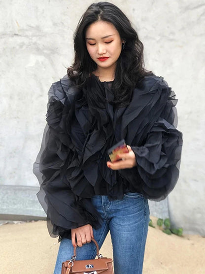 TWOTWINSTYLE Elegant Patchwork Ruffles Chiffon Blouses Women O Neck Lantern Long Sleeve Loose Shirt Female Clothing Fashion.