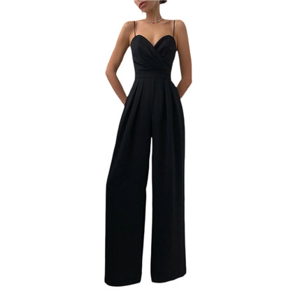 Ladies Elegant Jumpsuit  Spaghetti Straps V-Neck Solid Embroidered Lace Open Back Wide Leg Jumpsuit Long Jumpsuit Black White