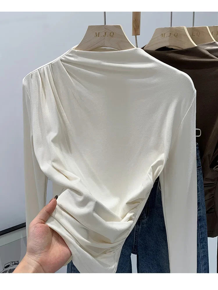 Early Autumn Pure Color High Neck Pleated Slim Fit Sexy Base Shirt Women's Fashionable Crew Neck T-shirt Full Sleeve China Origi.
