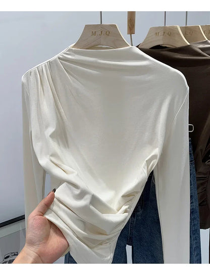 Early Autumn Pure Color High Neck Pleated Slim Fit Sexy Base Shirt Women's Fashionable Crew Neck T-shirt Full Sleeve China Origi.