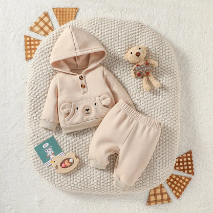 Baby Boys Solid 2PCS Antumn/Winter Long Sleeve Hooded Sweatshirt +Trousers For Newborn-6M Daily Cute Clothing Set.