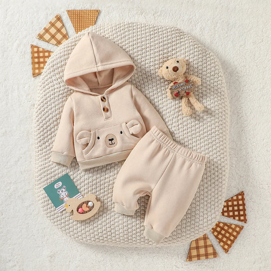 Baby Boys Solid 2PCS Antumn/Winter Long Sleeve Hooded Sweatshirt +Trousers For Newborn-6M Daily Cute Clothing Set.