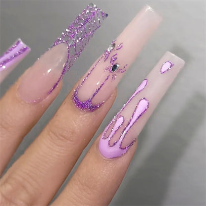 24pcs Glitter Pink Sequins Fake Nails 2025 Halloween Scary Skull Love Print False Nails Wearable European Ballet Press on Nails