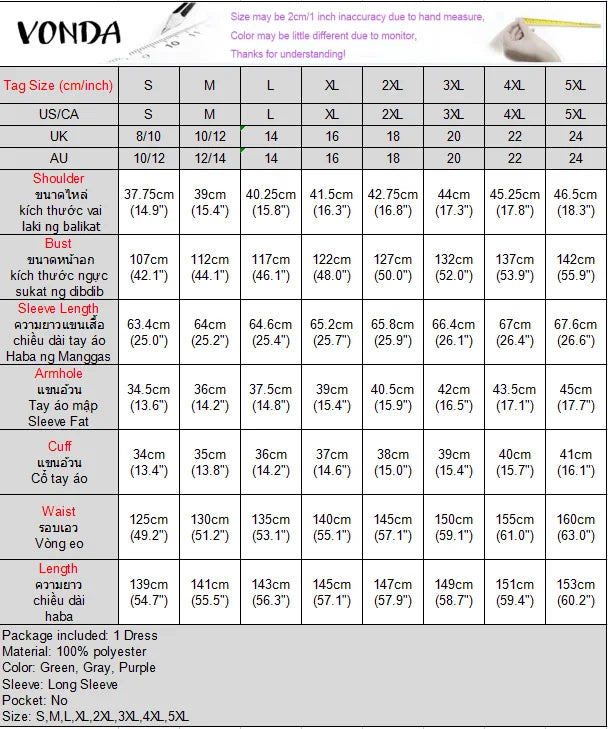 VONDA Frauen Böhmischen Lange Maxi Kleid 2024, Elegante Langarm Hohe Kragen Roben Casual Einfarbig Vestidos Vintage Sommerkleid.