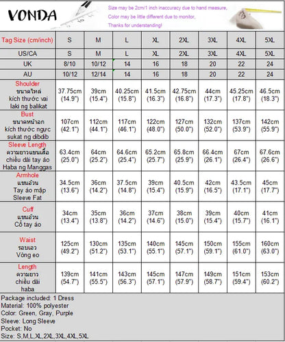 VONDA Frauen Böhmischen Lange Maxi Kleid 2024, Elegante Langarm Hohe Kragen Roben Casual Einfarbig Vestidos Vintage Sommerkleid.