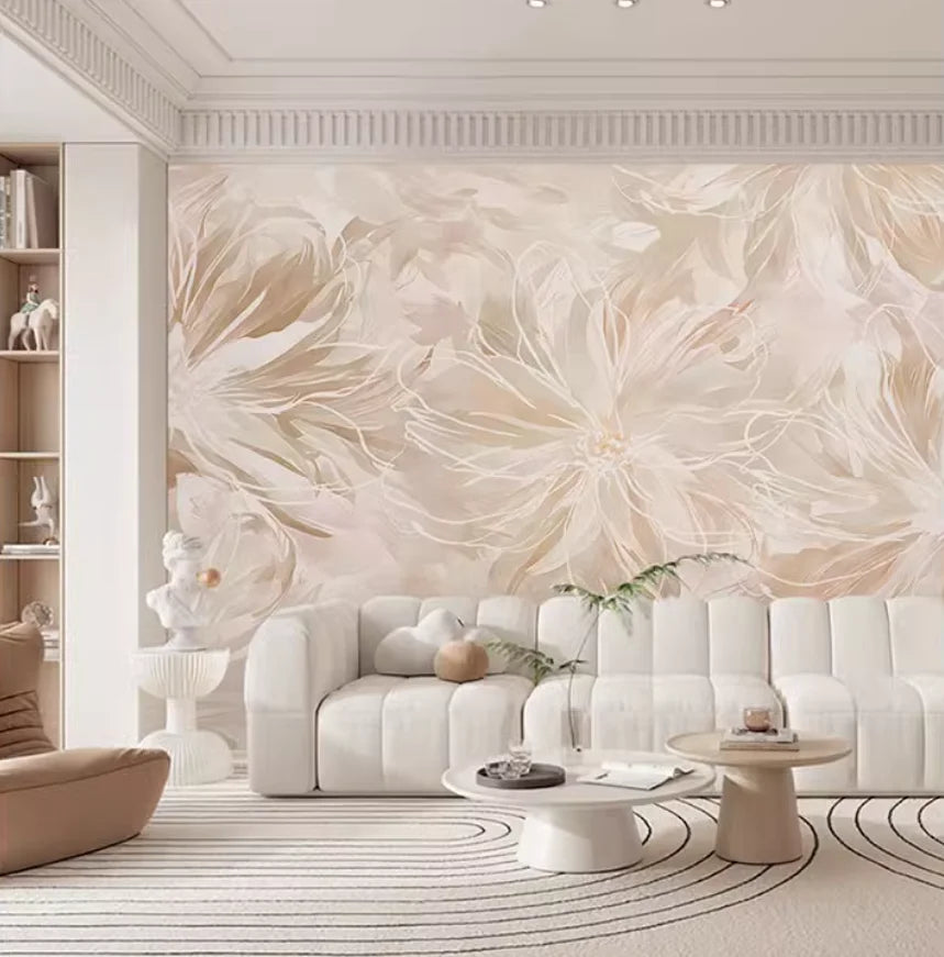 Maßgeschneiderte cremefarbene abstrakte Kunst, Feder-Blumenmuster, Tapete, TV-Hintergrund, Wanddekoration, Schlafzimmer, europäisches Wandbild