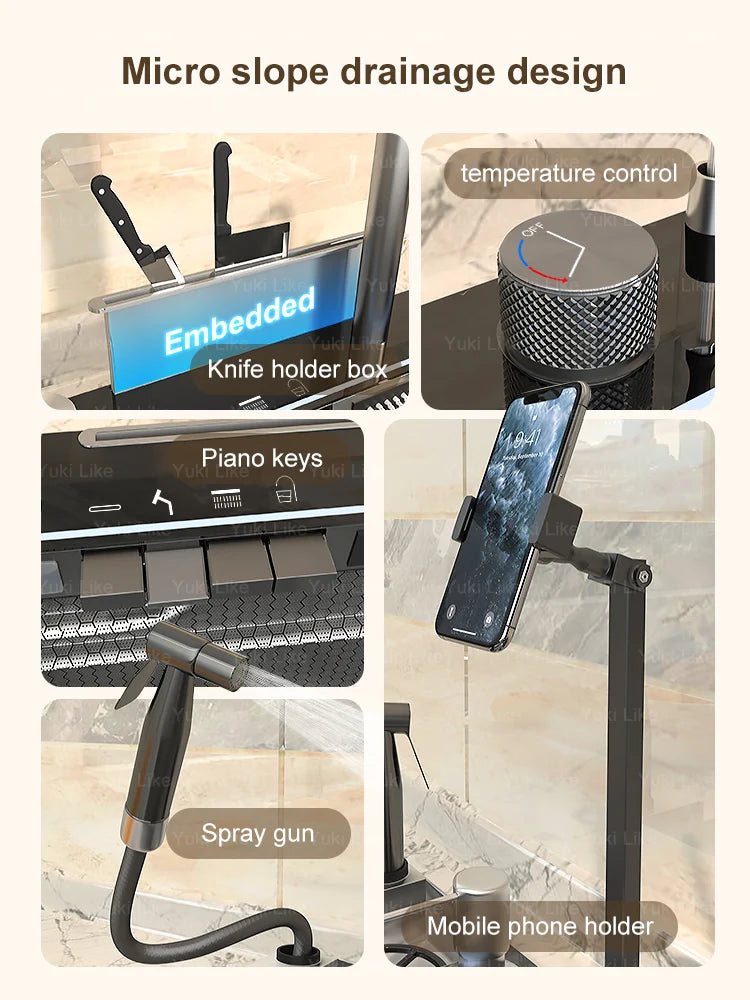 Stainless Steel Kitchen Sink Multifunctional Piano Button Waterfall Spout Faucet Digital Display Screen Dishwashing Basin