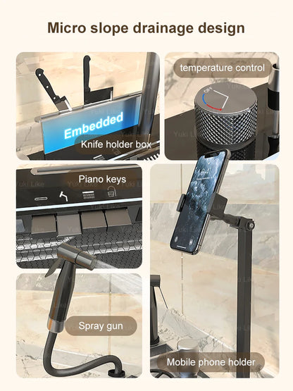 Stainless Steel Kitchen Sink Multifunctional Piano Button Waterfall Spout Faucet Digital Display Screen Dishwashing Basin