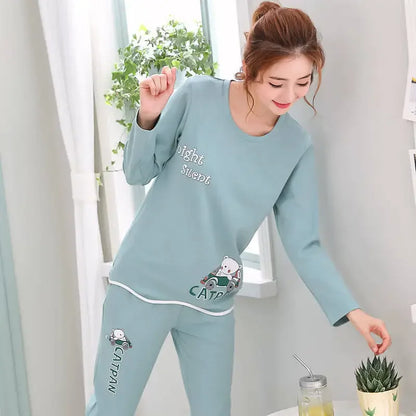 Herbst Dünne 2 stück Pyjamas Set Frauen 2025 Rundhals Mädchen Bär Pyjamas Sets Teetasse Katze Volle Nachtwäsche Tops liebhaber Pyjama mujer