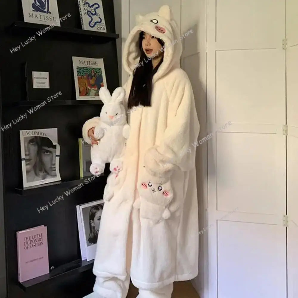 Kawaii Chiikawas Pajamas Coral Velvet Home Wear Long Length Nightgown Thick Cardigan Pant Cartoon Cute Girl Casual Home Clothing.