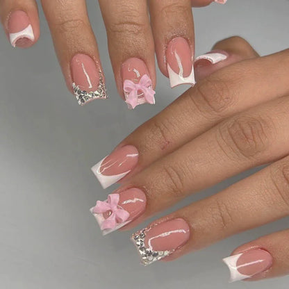 24Pcs Ballet Square Pink Press on Bow Nails 3D Flower with Bandage Design French Nail Tips for Women&Girls Daily,Spring wear