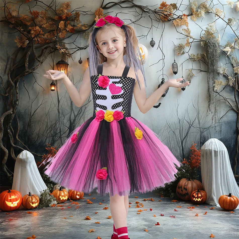 Halloween Kinder Kleid Cosplay Herz druck Skelett Kostüme Mädchen Blumen Schädel Tutu Kleidung Kinder Karneval Leistung Outfits.