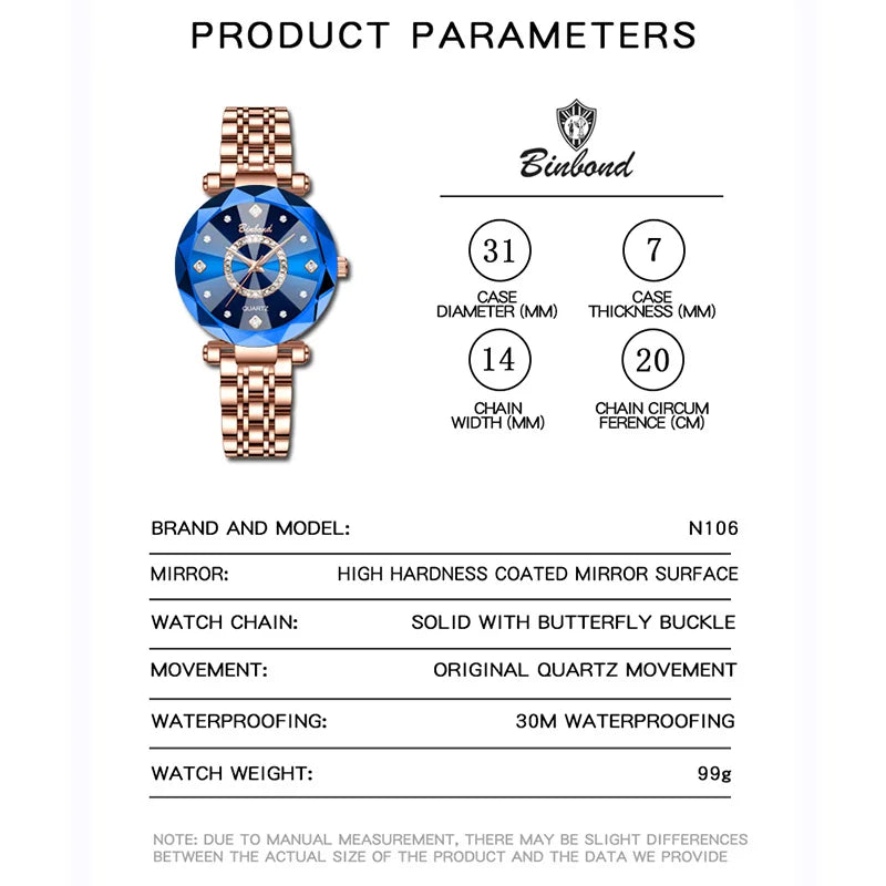 BINBONDN10 Women's Watches Elegant Fashion Original Quartz Watch for Lady Heart of the Ocean Design Waterproof Luminous Diamond.