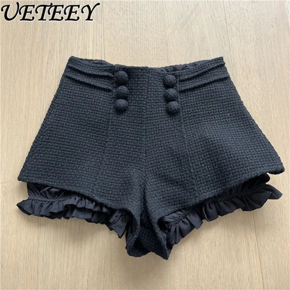 Autumn Winter New Woven Tweed Fungus Edge Buckle Shorts Femininity Versatile High Waist Pure Desire Wind Boots Short Pants.