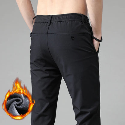 Korean Men's Warm Golf Pants Slim Straight Winter Thick Fleece Casual Pants Business Fashion Stretch Thermal Trousers Male