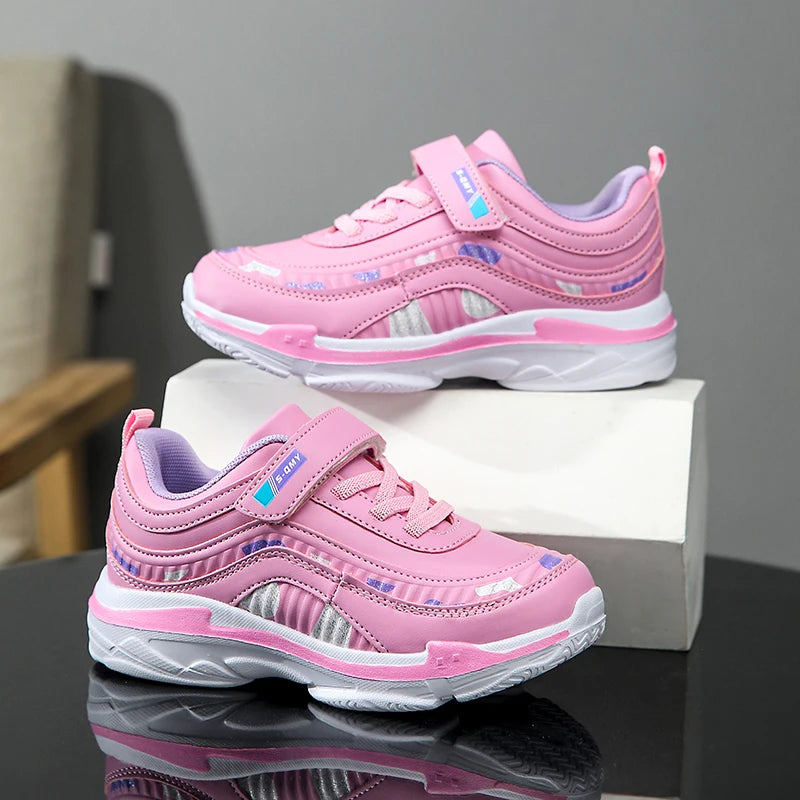 Girls Sport Shoes Waterproof Running Kids Sneakers Casual Leather Pink Breathable Fashion Antislip Lightweight Children Shoes.
