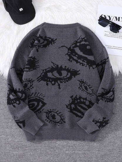 New Popular Autumn and Winter Abstract Eye Jacquard Pattern Pullover Sweater Casual Round Neck Knitted Men's Pullover.