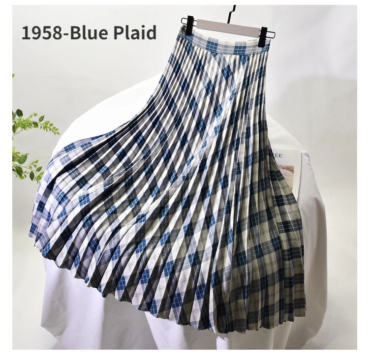 Looks Thin Pleated Skirt 2025 New High Waist A-line Skirt Mid-length Big Size Plaid Skirt Long Pleated Skirt Length 75-90cm