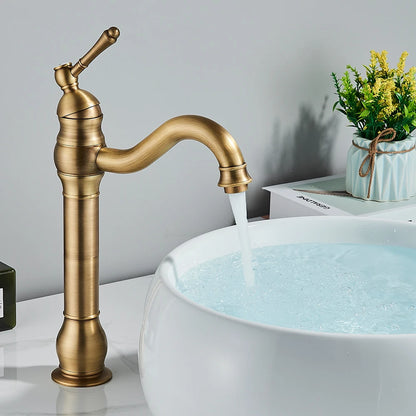 Antique Brass Basin Vessel Sink Faucet Deck Mounted One Hole Cold Hot Water Cold Hot Mixer Tap Bathroom Faucet