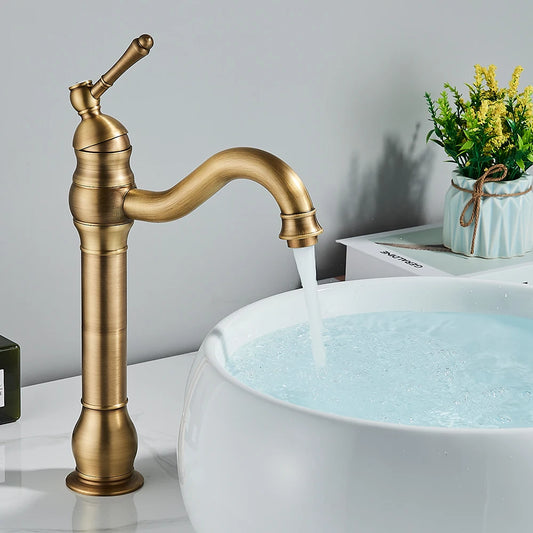 Antique Brass Basin Vessel Sink Faucet Deck Mounted One Hole Cold Hot Water Cold Hot Mixer Tap Bathroom Faucet