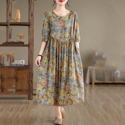 Kurzarm übergroße Baumwolle Satin Vintage Blumen neu in Kleidern für Frauen lässig lose lange Sommerkleid elegante Kleidung.