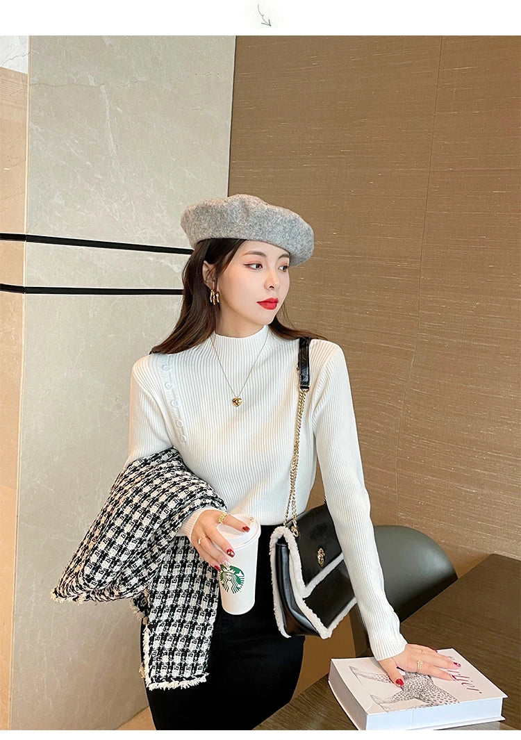 Langarm Beiläufige Dünne Pullover Mode Taste Grundlegende Gestrickte Tops Frauen Rollkragenpullover Koreanische Mode Einfache Chic Kleidung