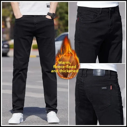 Men's Black Straight Leg Jeans Casual Elastic Business Pants High Waist Slim Fit Long Trousers New 2025 Gray Color