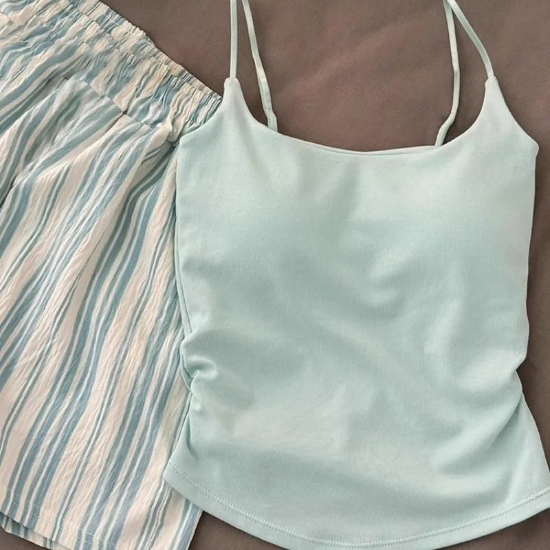 Einfarbiger Pyjama mit Brustpolstern, gestreifte Shorts für Damen, Sommer, dünne Leibchen-Shorts, Loungewear, großer Pyjama, zweiteiliges Set.