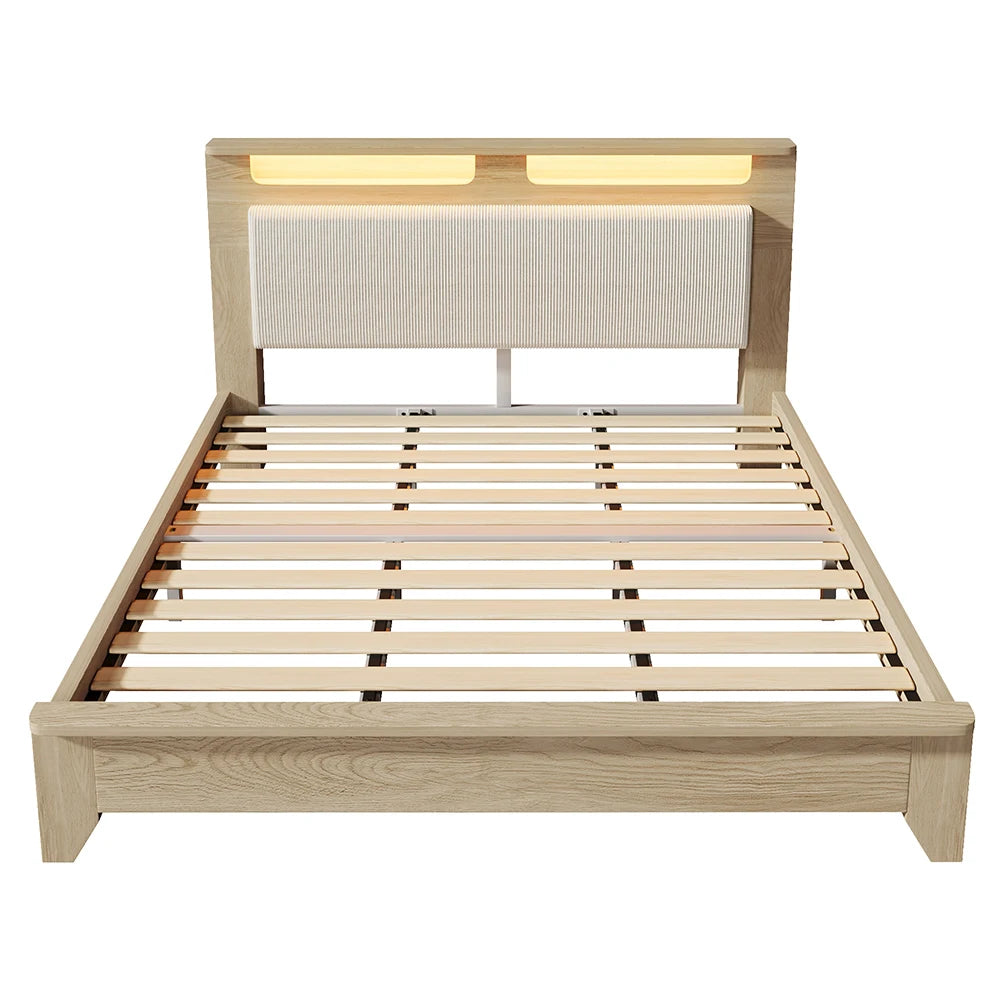 KOMHTOM Holzbett, Kopfteil mit Stauraum, LED-Beleuchtung und beigefarbener Cordpolster-Rückenlehne (Ohne Matratze)