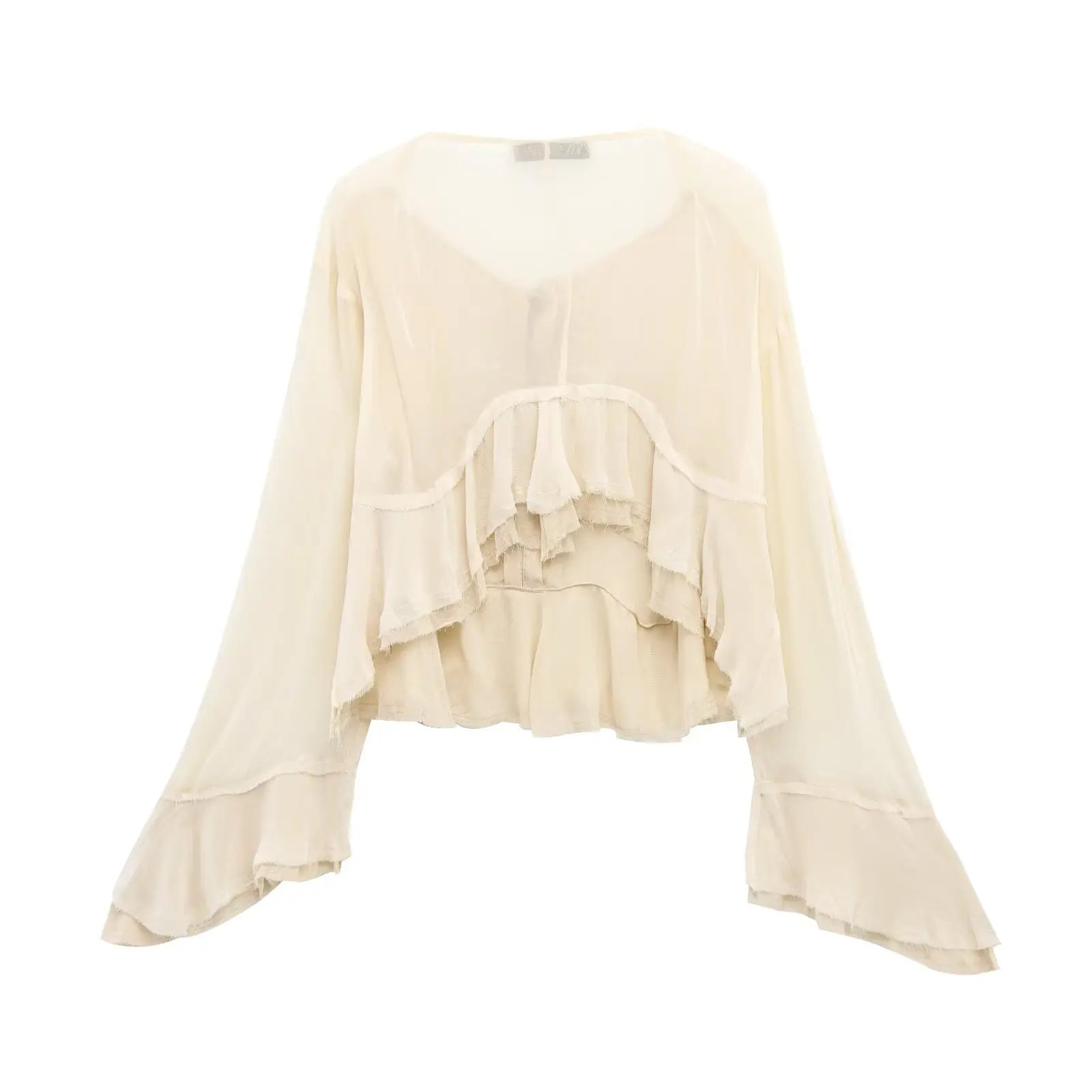 New spring women's clothing European and American style ruffled edge lace-up fake two-piece layered trumpet sleeve shirt.