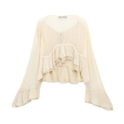 New spring women's clothing European and American style ruffled edge lace-up fake two-piece layered trumpet sleeve shirt.