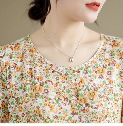 Kurzarm übergroße Baumwolle Satin Vintage Blumen neu in Kleidern für Frauen lässig lose lange Sommerkleid elegante Kleidung.