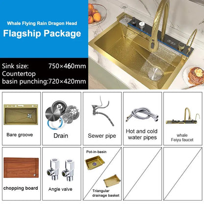 Edelstahl-Wasserfall-Küchenspüle, extra groß, Einzelschlitz, Digitalanzeige, Wasserhahn-Set, Tassenwaschbecken, Waschbecken, 100 x 50 cm