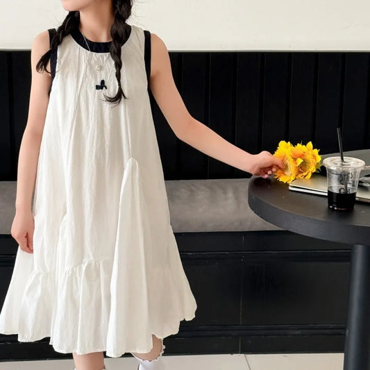 Neues Sommer-Mädchen-Prinzessinnenkleid für Kinder, ärmelloses Kleid mit Rüschen, Design-Kleider für Teenager, Kinder, lässiges Urlaubs-Strandkleid.