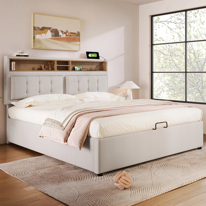 KOMHTOM Polsterbett Doppelbett Jugendbett Leinen - USB C Steckdose Ladefunktion im Kopfteil, Stauraumbett, ohne Matratze